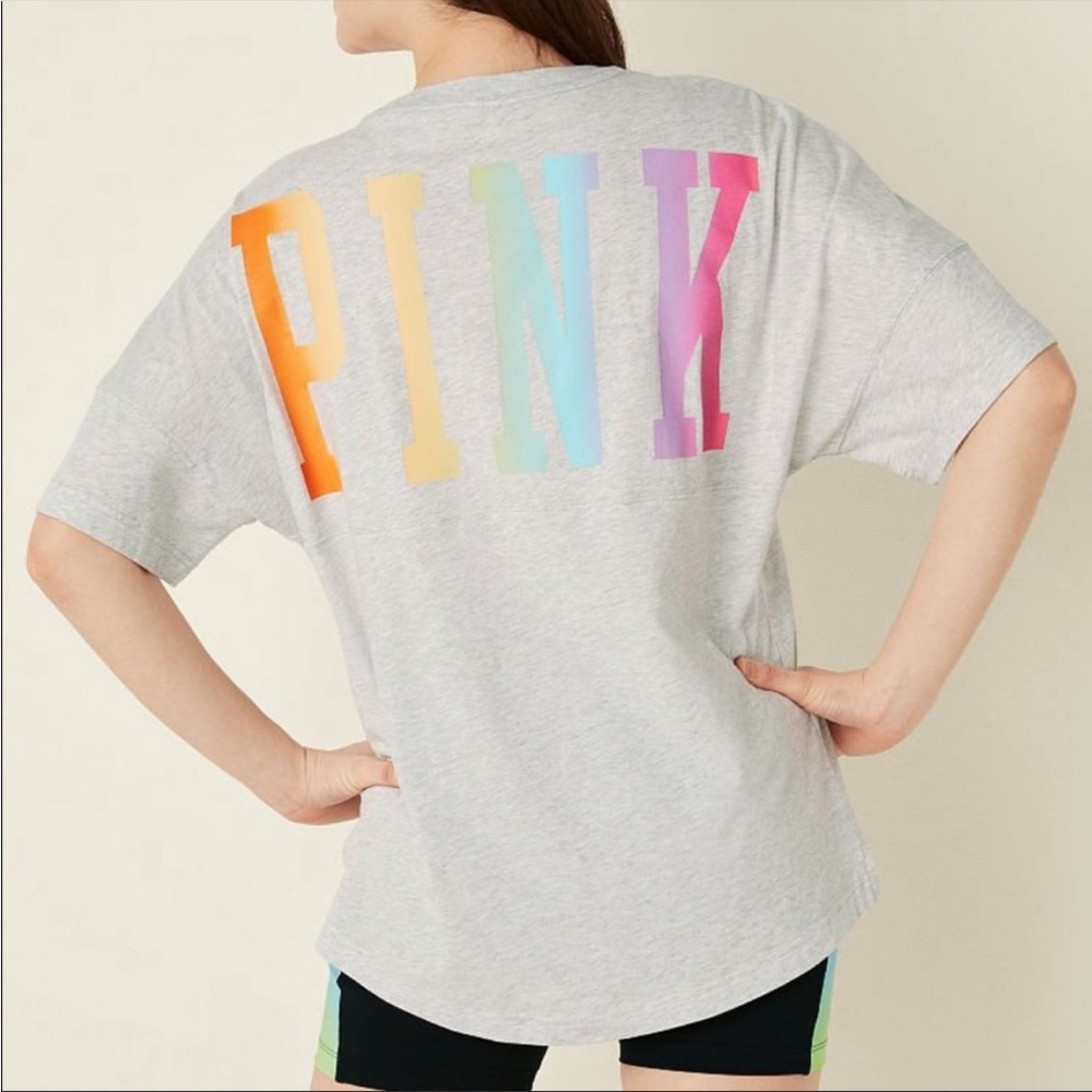 💗VS PINK NEON GREY RAINBOW OMBRE VARSITY SHORT SLEEVE CREW TEE